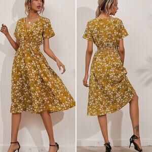 💥 MakeMeChic Women's V Neck Floral Print A Line Midi Dress Mustard Yellow Small